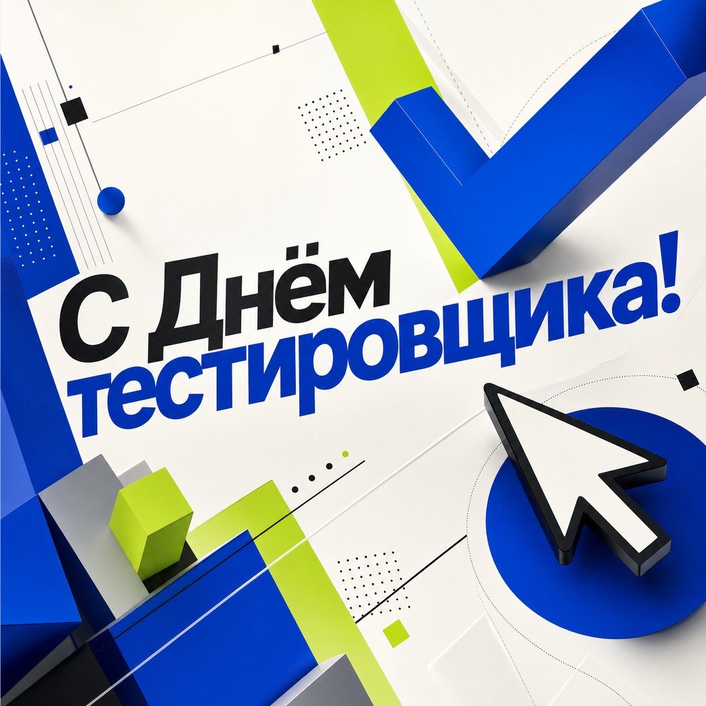 Яркая современная открытка на День тестировщика с курсором и галочками в технологичном стиле.