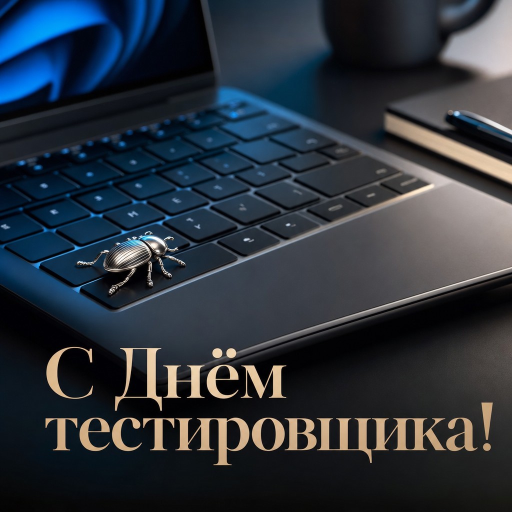 Стильная открытка на День тестировщика с ноутбуком, клавиатурой и символичным багом в премиальном техно-стиле.