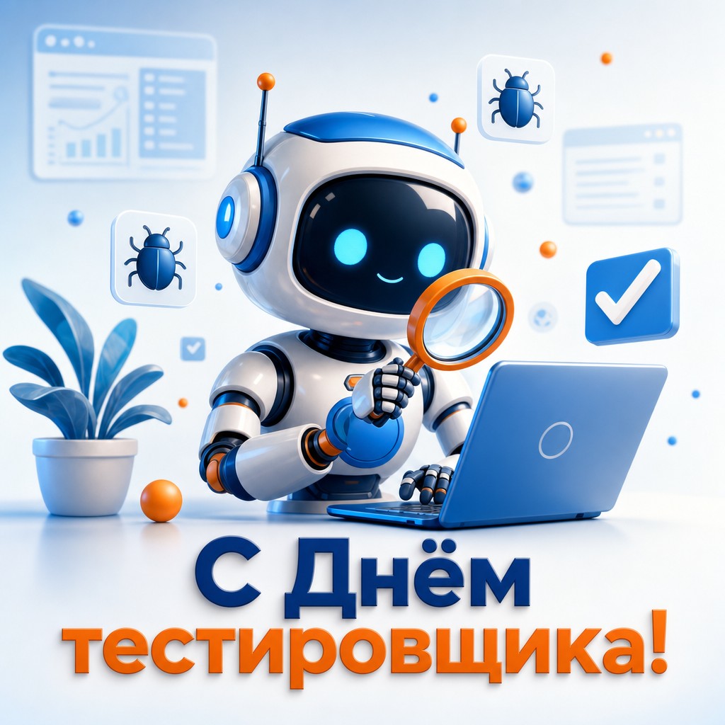 Добрая открытка на День тестировщика с 3D-роботом, ноутбуком и символами проверки качества.