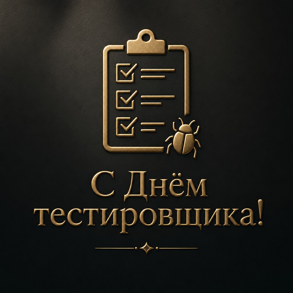 Премиальная открытка на День тестировщика с золотым чек-листом и лаконичным тёмным дизайном.