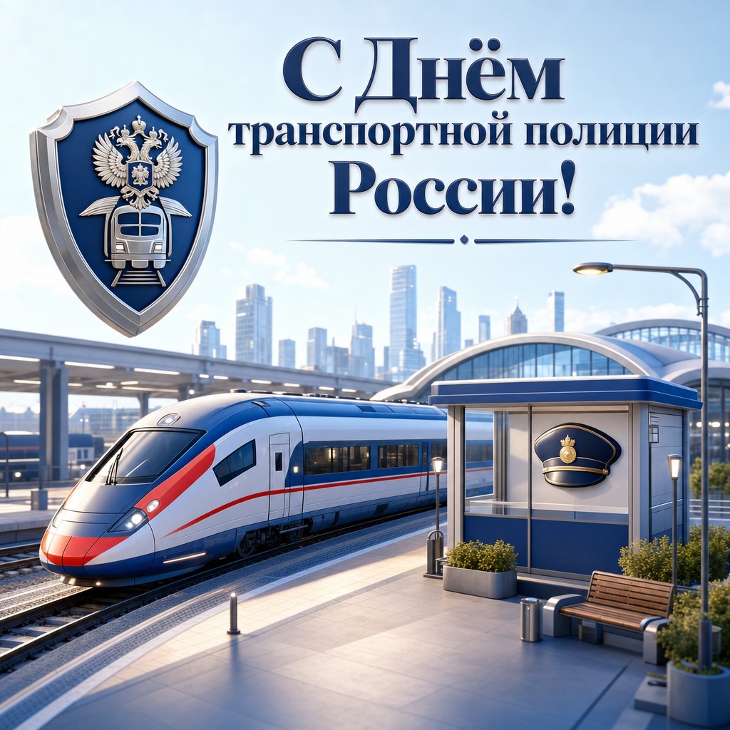 Яркая 3D-открытка ко Дню транспортной полиции России с миниатюрным вокзалом, поездом и служебным символом.