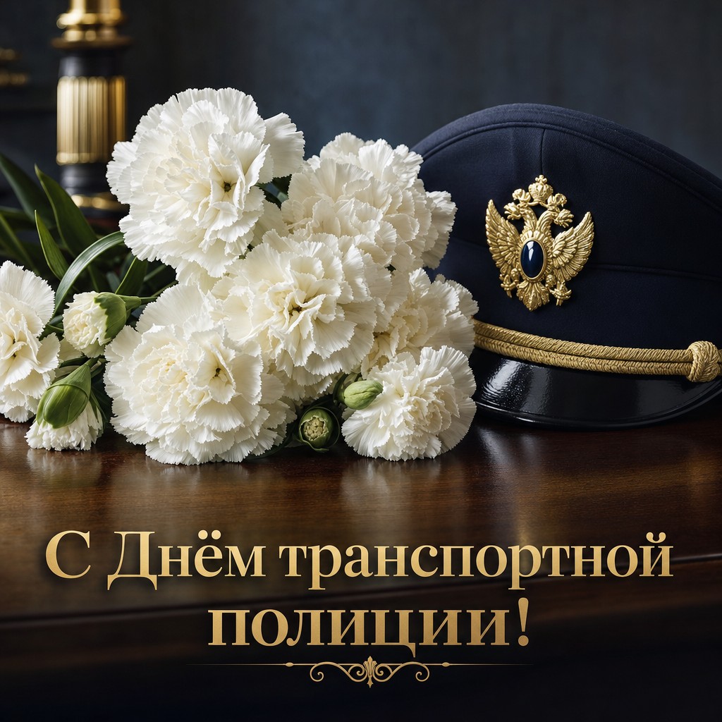 Элегантная открытка ко Дню транспортной полиции России с форменной фуражкой и белыми гвоздиками.