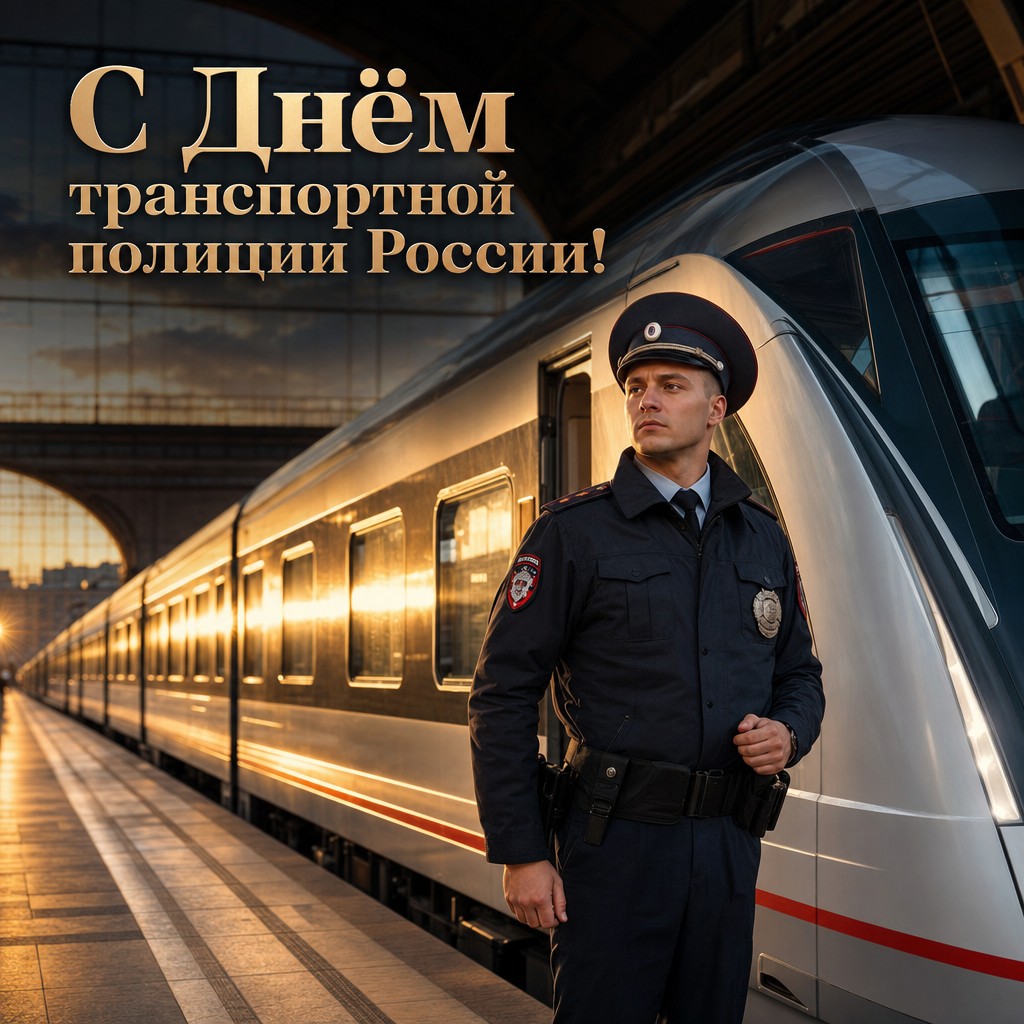 Премиальная открытка ко Дню транспортной полиции России с современным поездом на перроне в тёплом вечернем свете.