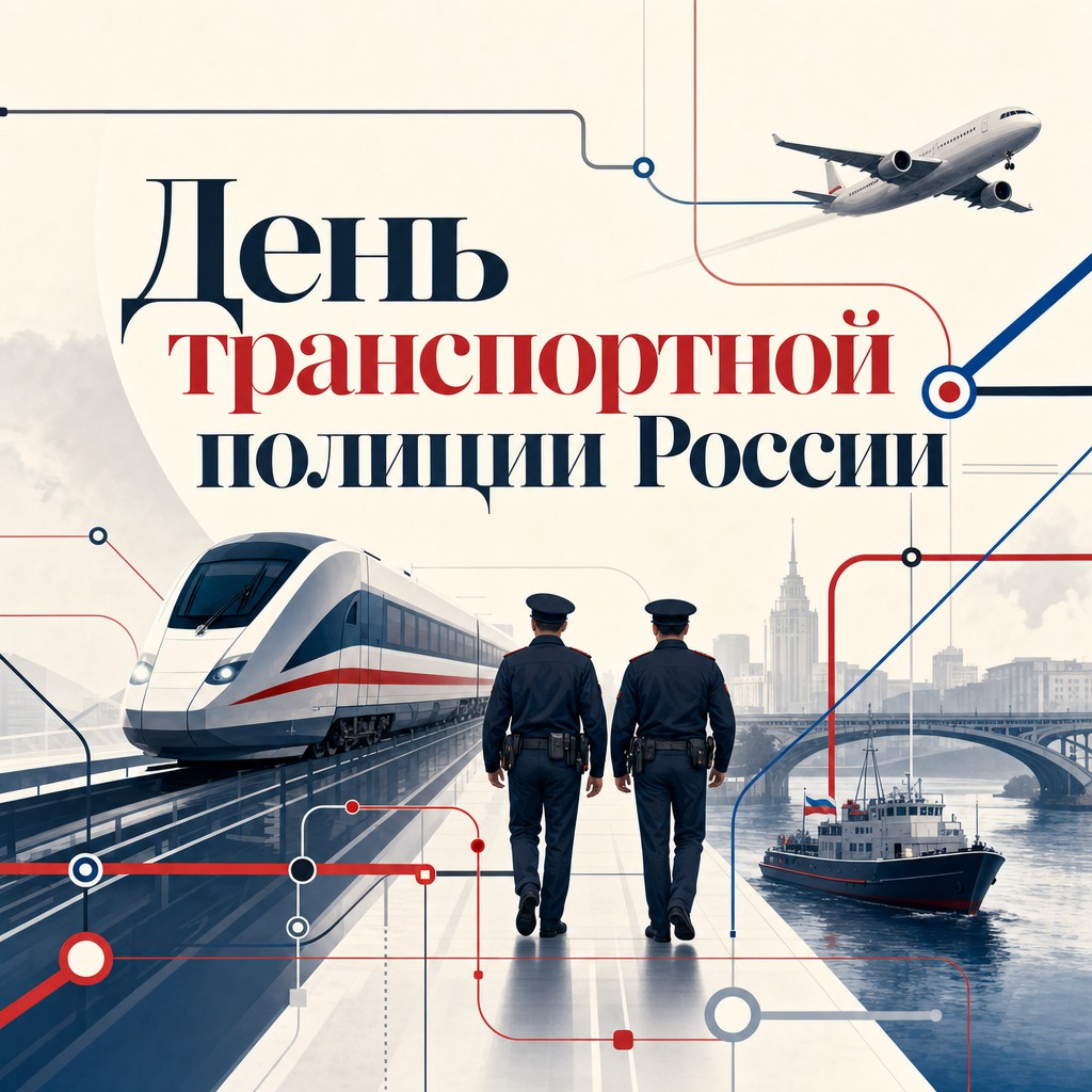 Современная открытка ко Дню транспортной полиции России с графичной схемой маршрутов железной дороги, неба и воды.
