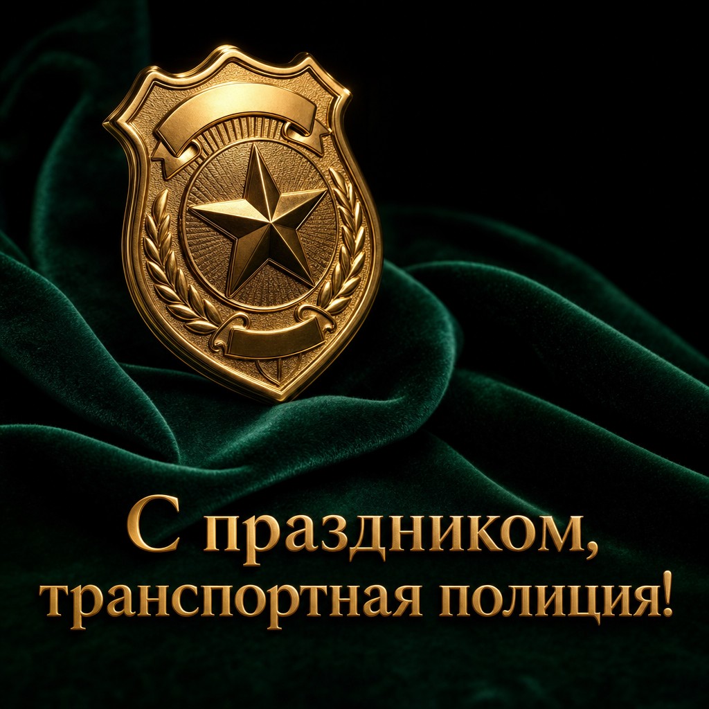 Стильная премиальная открытка ко Дню транспортной полиции России с золотым жетоном на бархате.