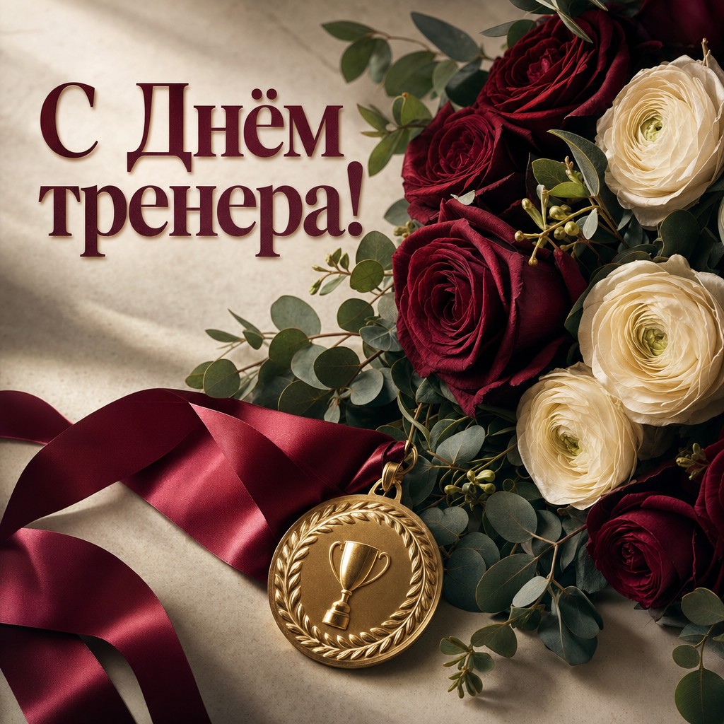 Элегантная открытка на День тренера с реалистичным букетом цветов и золотой медалью.