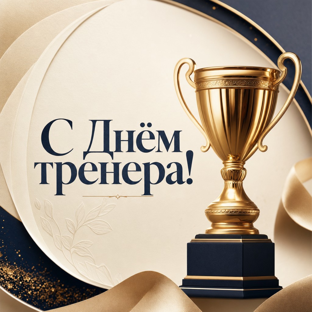 Премиальная открытка на День тренера с золотым кубком и элегантным светлым фоном.