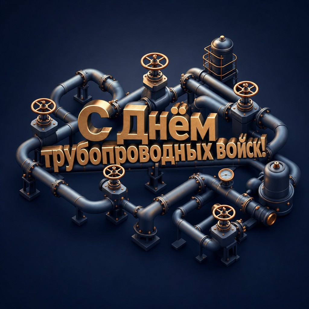 Современная 3D-открытка ко Дню трубопроводных войск с объёмной сетью труб, фланцами и вентилями.