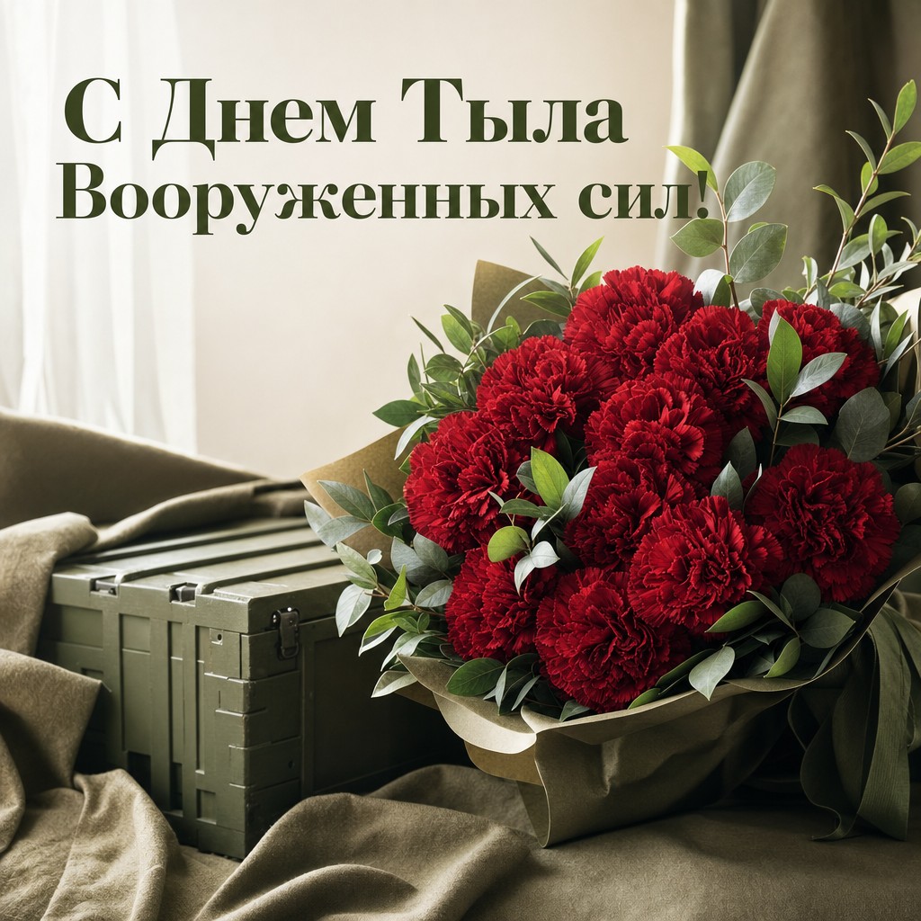 Элегантная открытка ко Дню Тыла Вооруженных сил РФ с красными гвоздиками и символом снабжения.