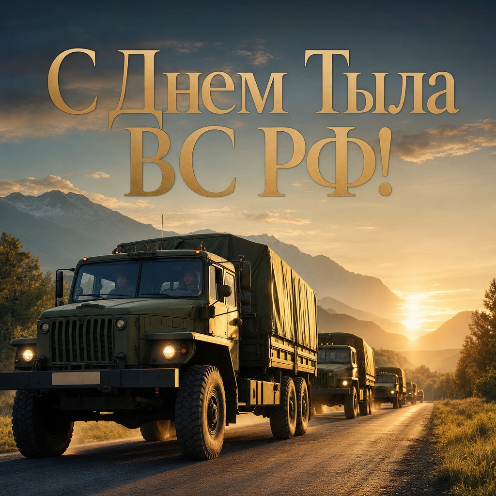 Премиальная открытка ко Дню Тыла Вооруженных сил РФ с рассветной колонной военных грузовиков.