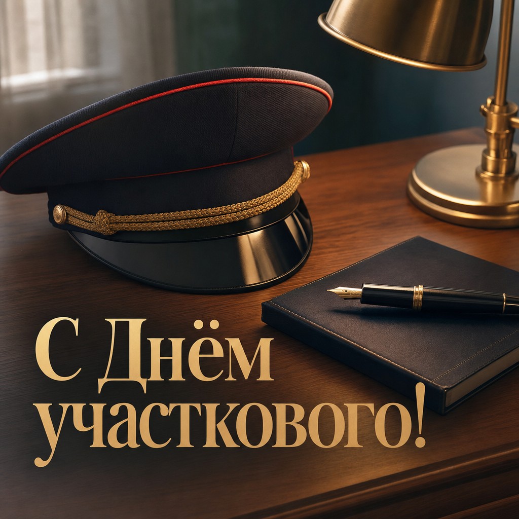 Стильная открытка на День участкового с фуражкой, блокнотом и тёплой атмосферой службы.