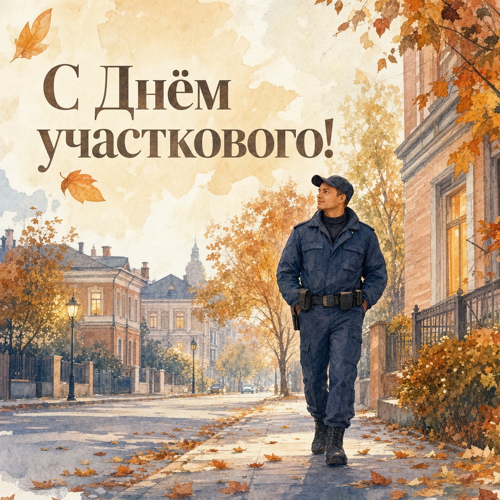 Акварельная открытка на День участкового с тихой осенней улицей и фигурой полицейского.