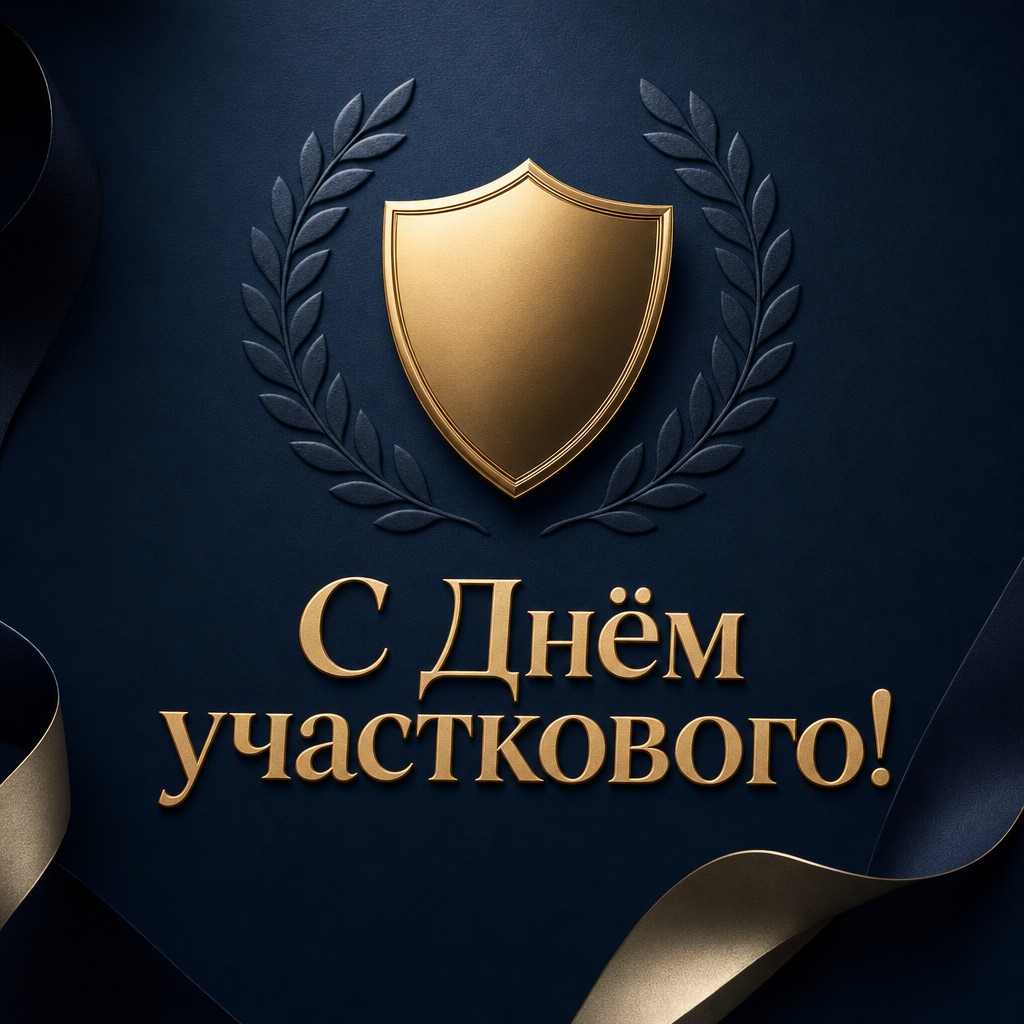 Премиальная открытка на День участкового с лаконичным золотым щитом на тёмном фоне.