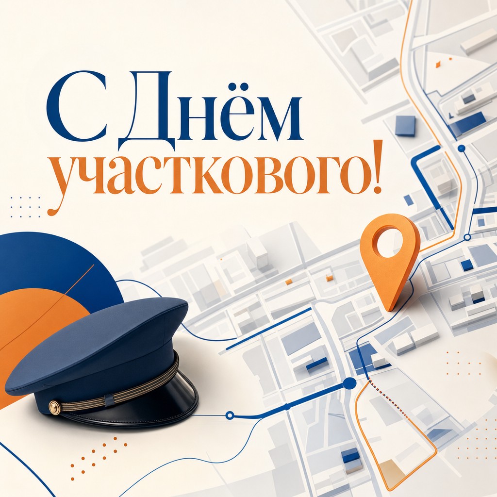 Современная открытка на День участкового с графичной схемой квартала и маршрутом службы.