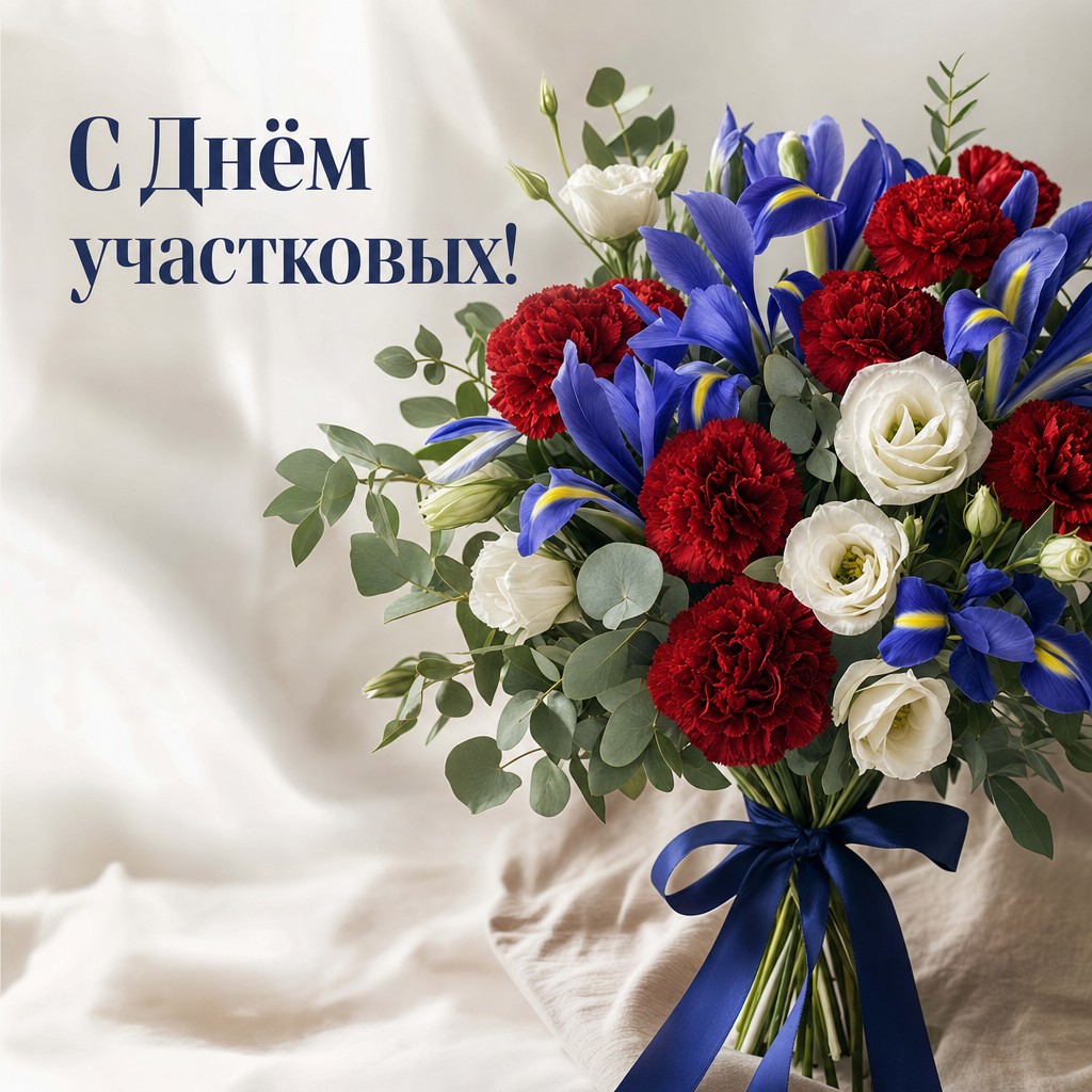 Элегантная цветочная открытка на День участковых уполномоченных полиции с гвоздиками и ирисами.