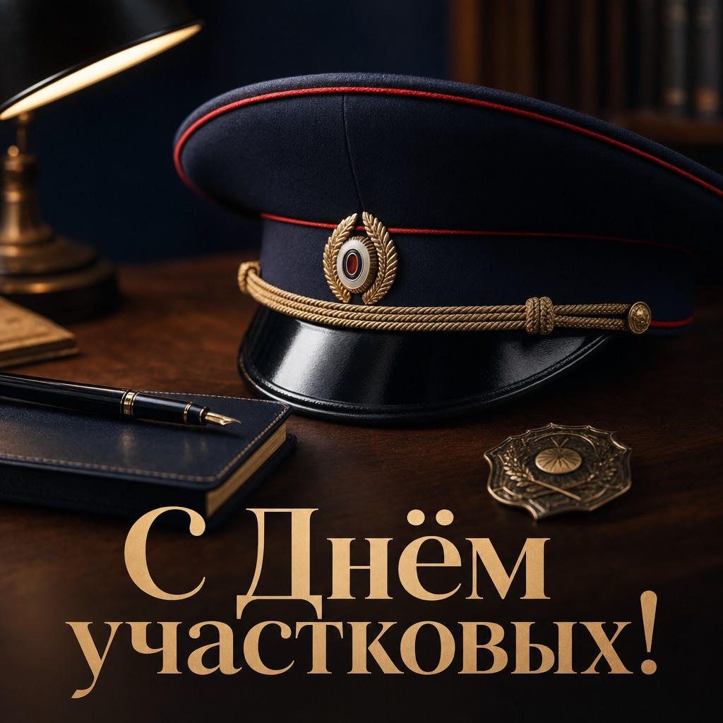 Стильная открытка ко Дню участковых уполномоченных полиции с фуражкой, блокнотом и тёплым светом.