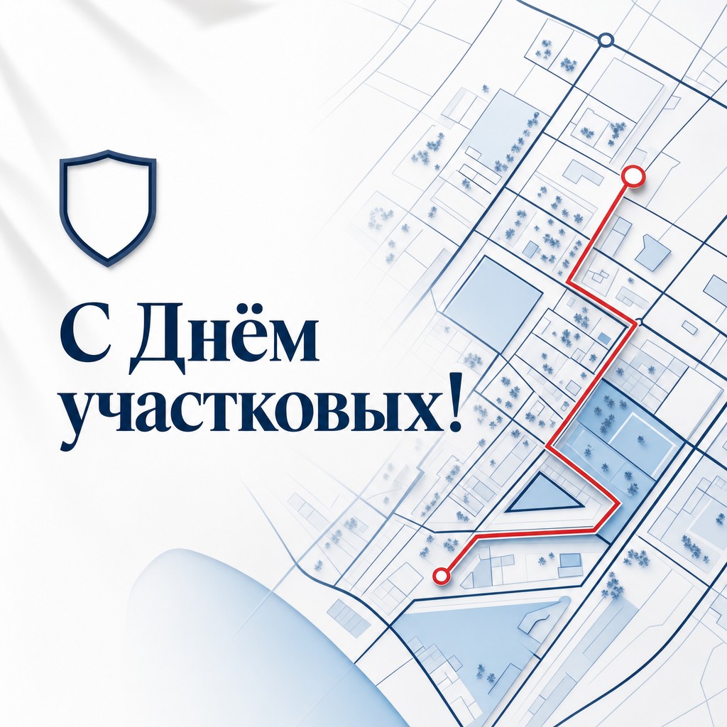 Современная открытка на День участковых уполномоченных полиции с графикой карты района и маршрута.