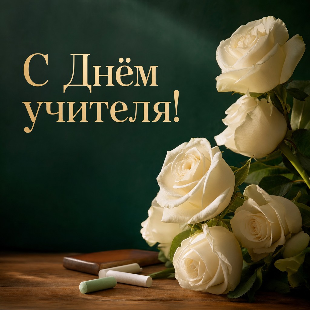 Изысканная открытка на День учителя с белыми розами, мелом и глубоким изумрудным фоном.