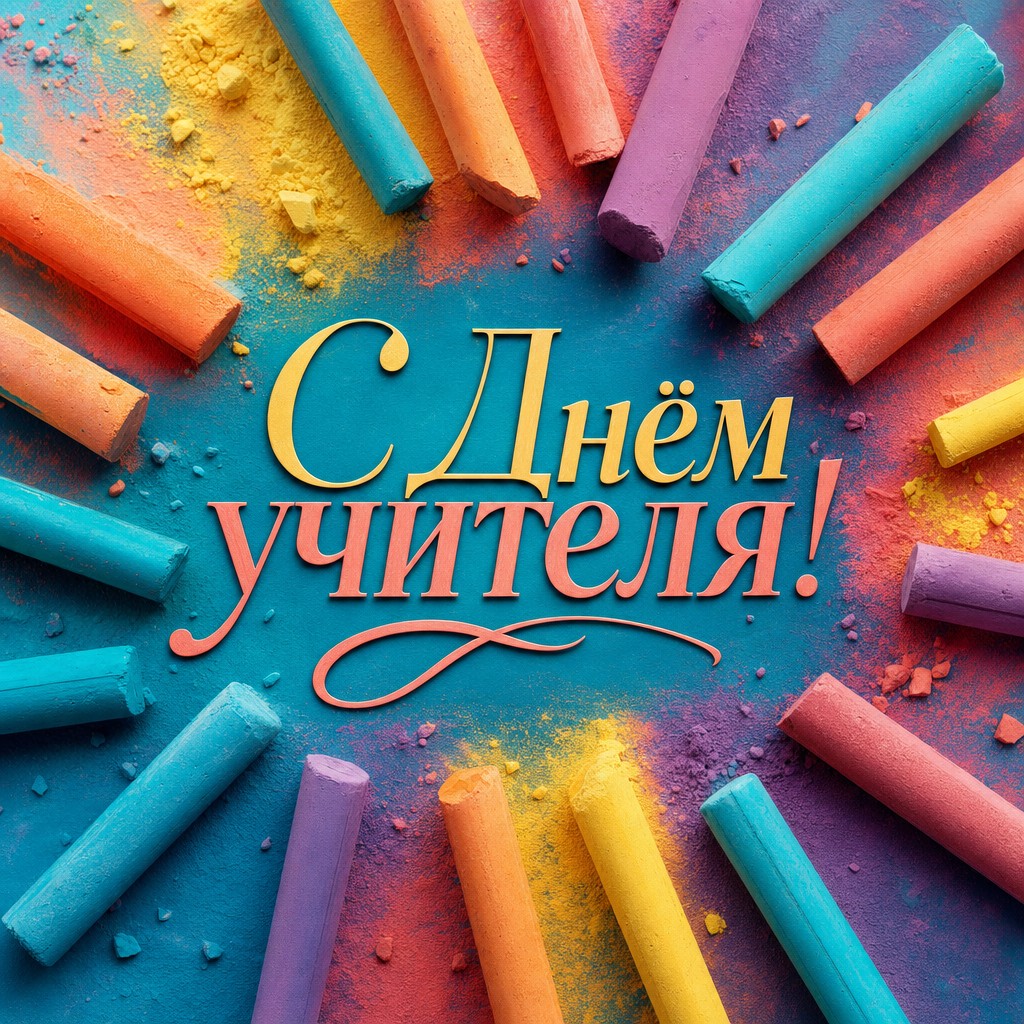 Яркая открытка на День учителя с цветными мелками и динамичной радиальной композицией.