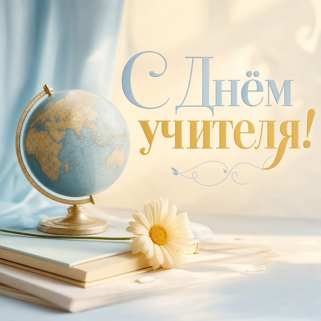 Нежная открытка на День учителя с пастельным глобусом и ромашкой в светлой палитре.