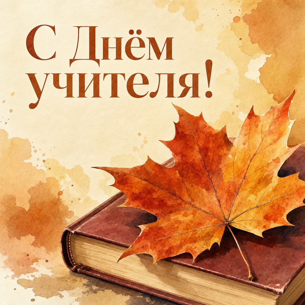Тёплая акварельная открытка ко Дню учителя с кленовым листом и школьной книгой.