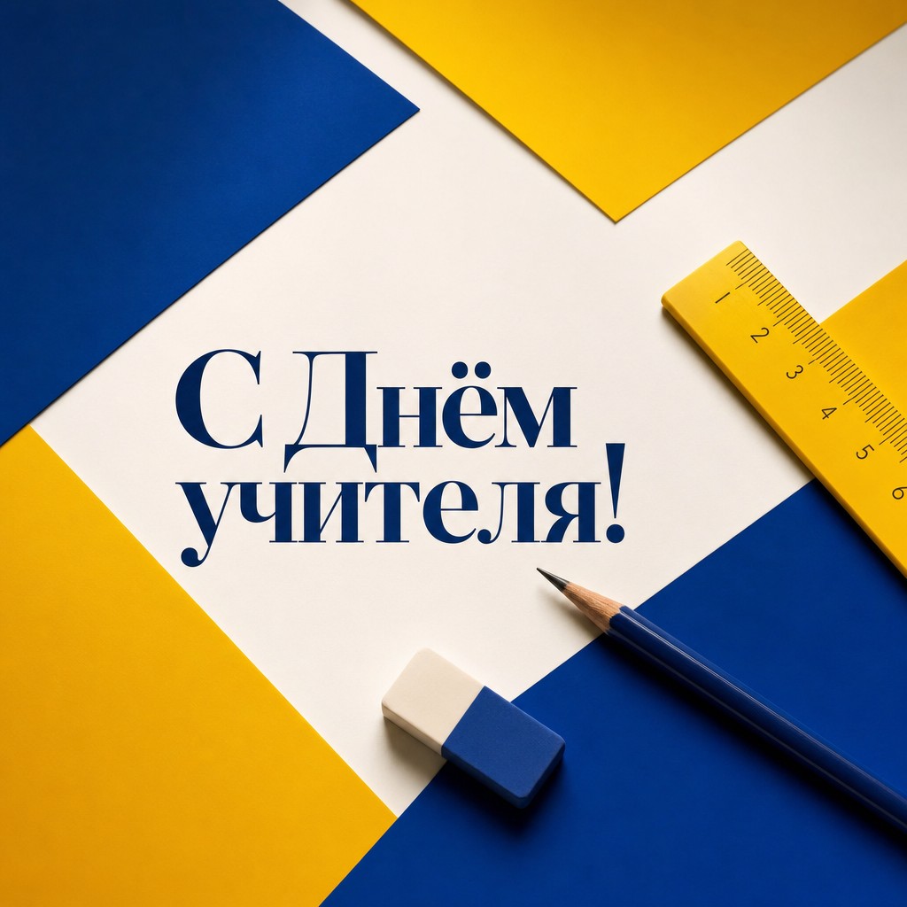 Современная открытка ко Дню учителя с школьными принадлежностями и яркой геометрией.