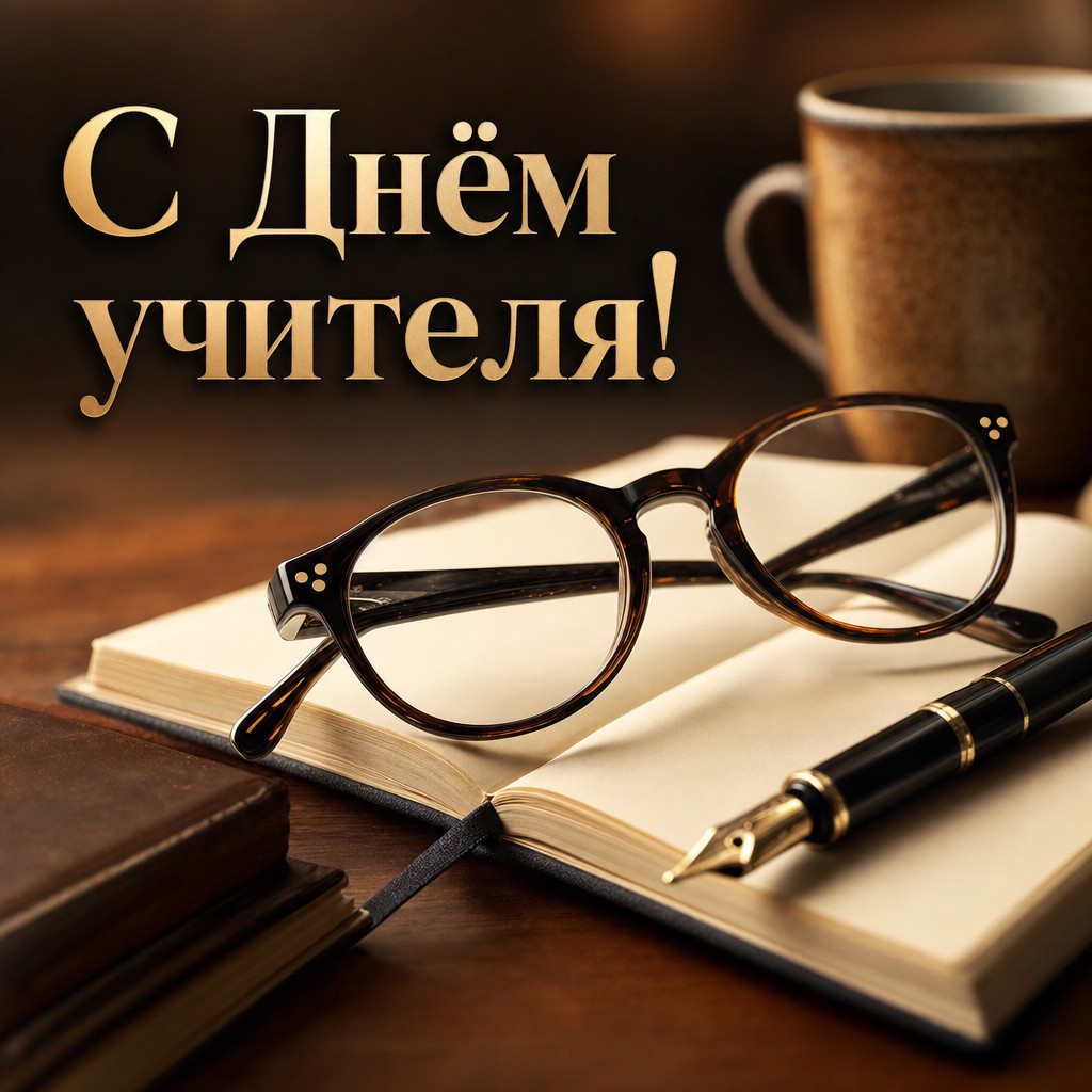 Премиальная открытка ко Дню учителя с очками, тетрадью и ручкой в уютной академической атмосфере.