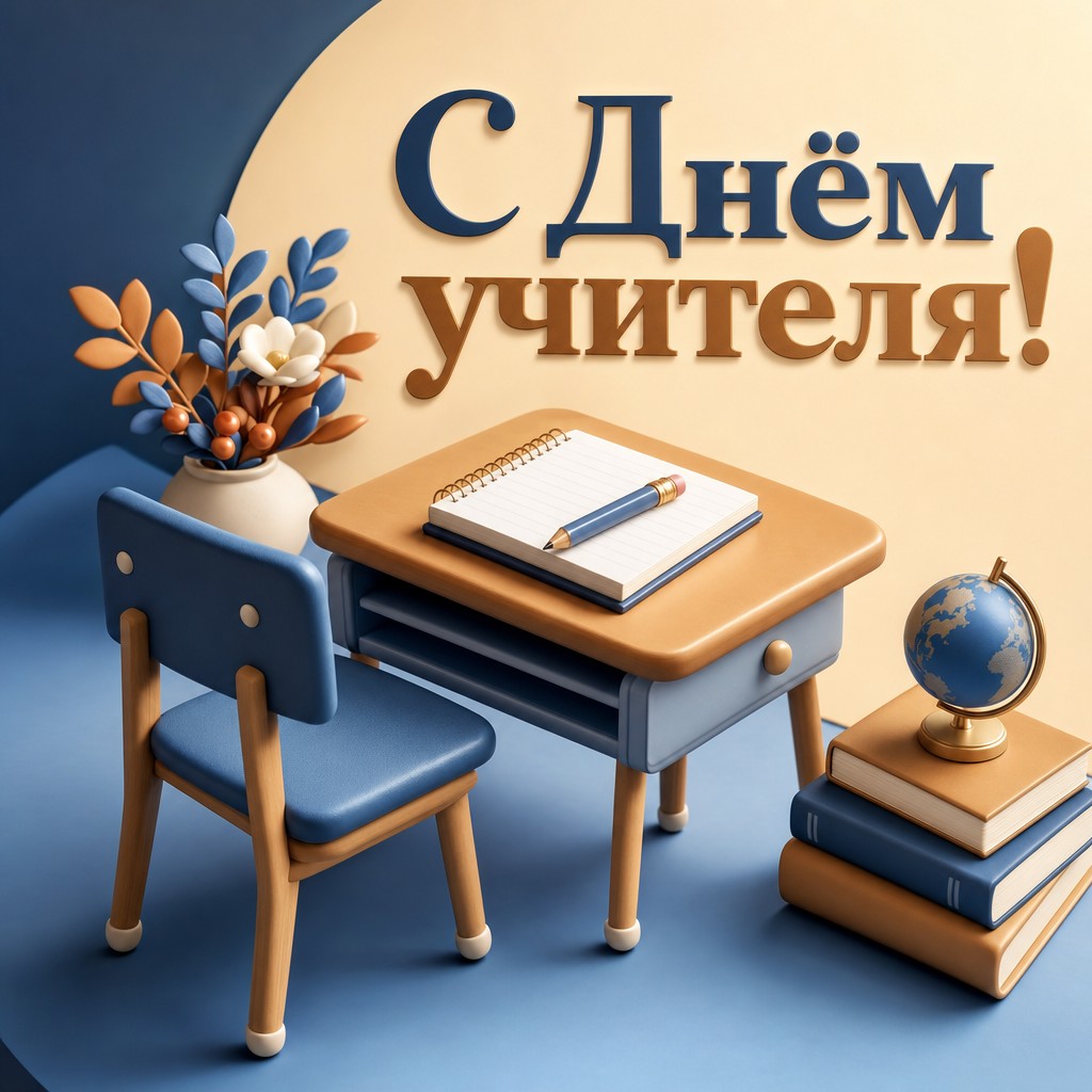 Милая 3D-открытка на День учителя с миниатюрной школьной партой и канцелярией.