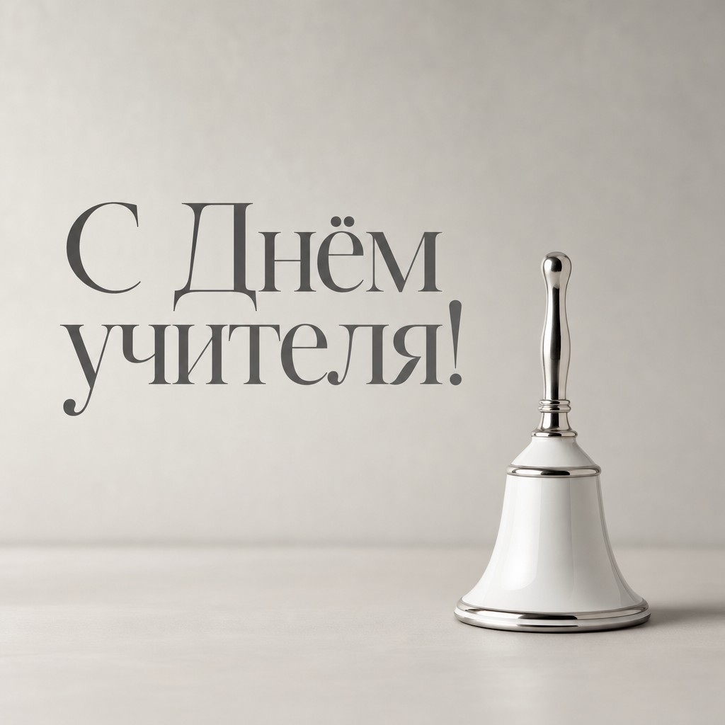 Минималистичная открытка ко Дню учителя с элегантным школьным колокольчиком и большим воздухом.