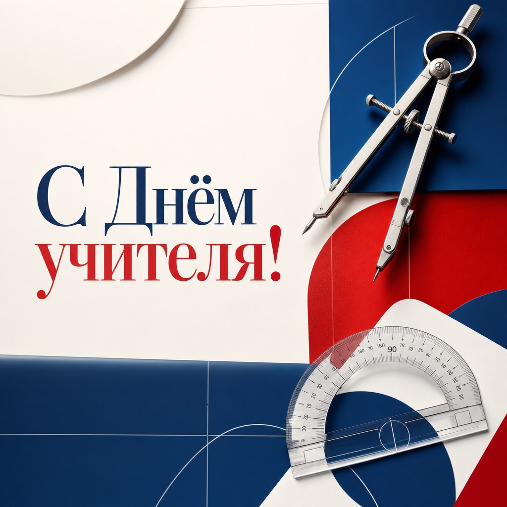 Современная открытка на День учителя с циркулем, транспортиром и выразительной геометрией.