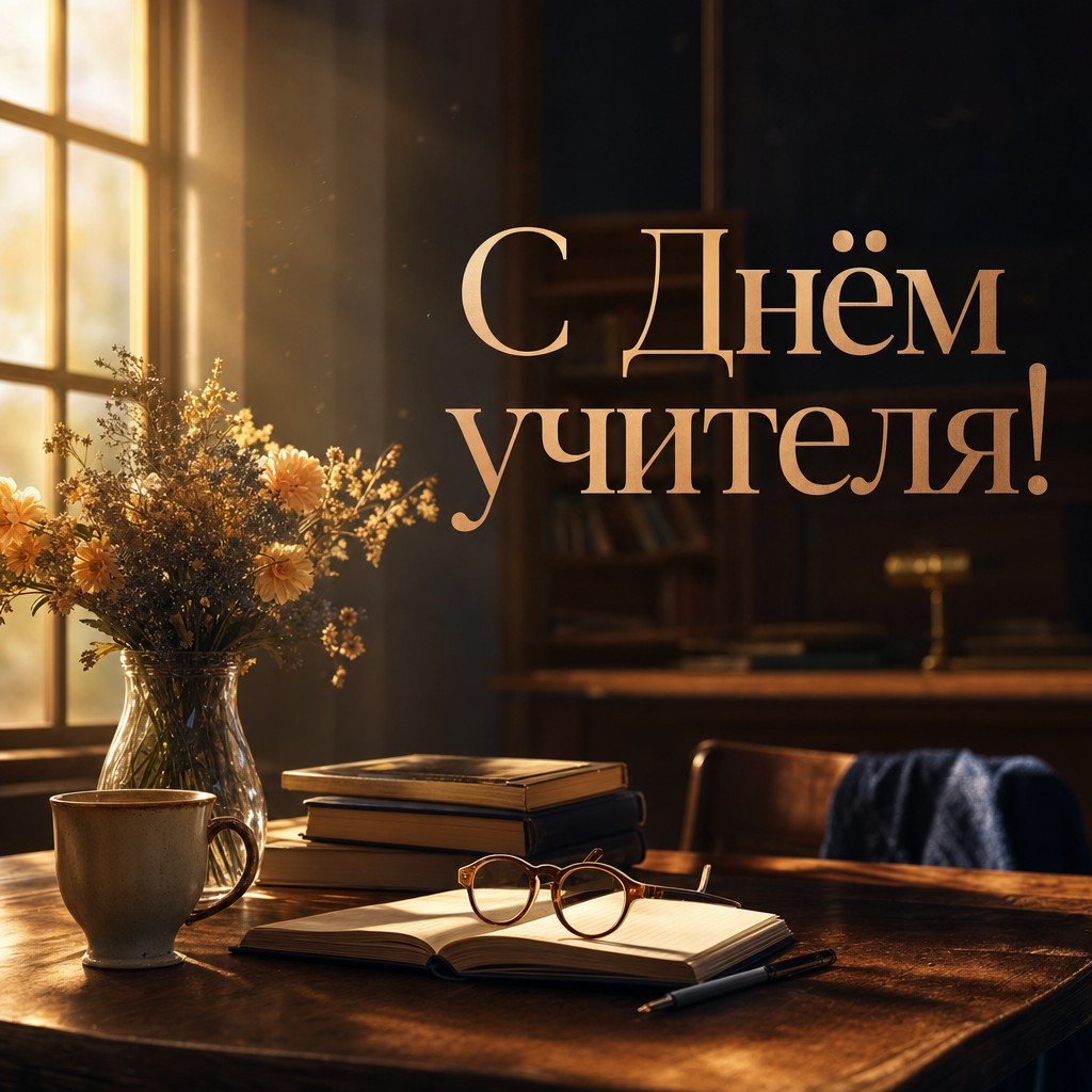 Атмосферная открытка на День учителя с учительским столом, книгами и золотым светом из окна.