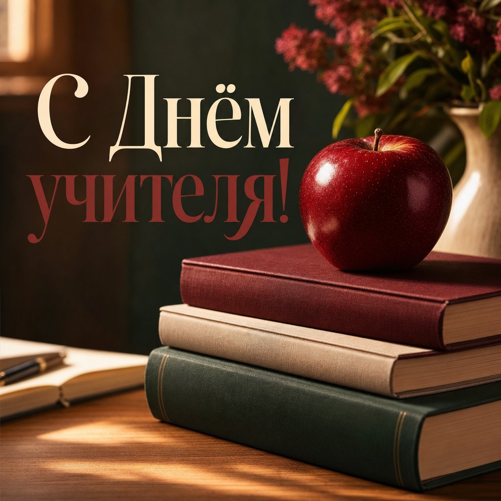 Премиальная открытка ко Дню учителя с красным яблоком и стопкой книг в тёплой академической палитре.