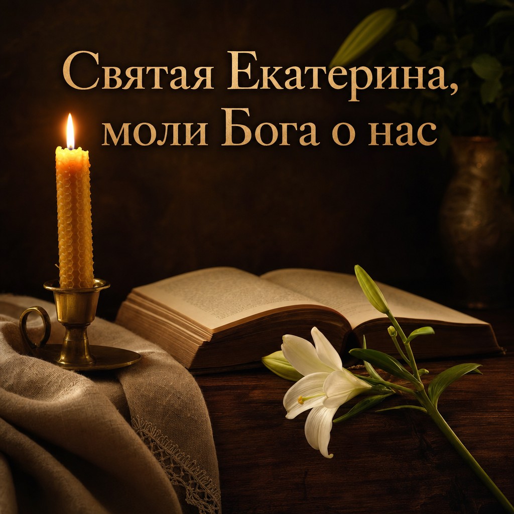 Тёплая открытка ко Дню великомученицы Екатерины со свечой, молитвенной книгой и спокойным молитвенным настроением.