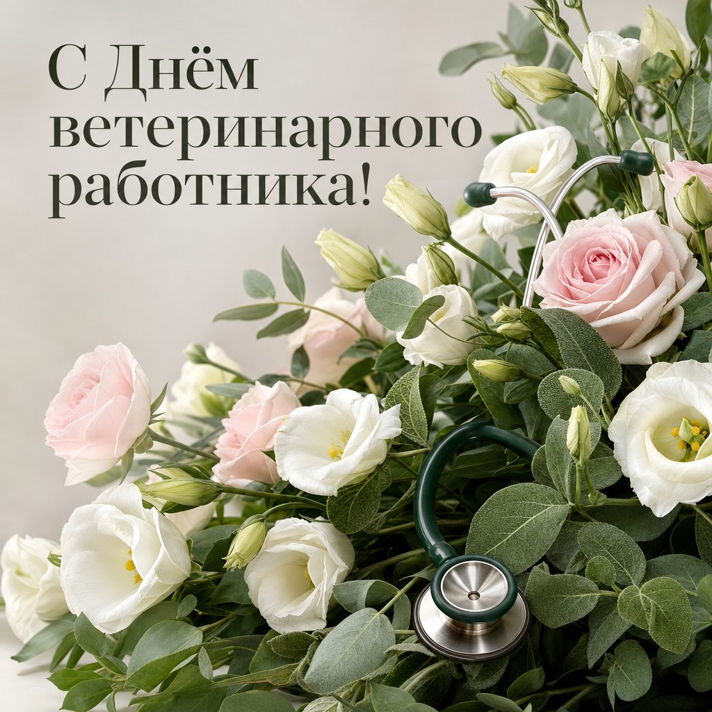 Элегантная открытка ко Дню ветеринарного работника с реалистичными цветами и стетоскопом.