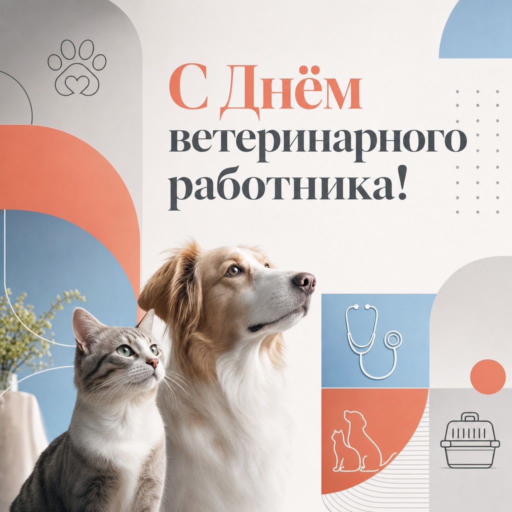 Современная открытка ко Дню ветеринарного работника с лаконичными иконками животных и ветинструментов.