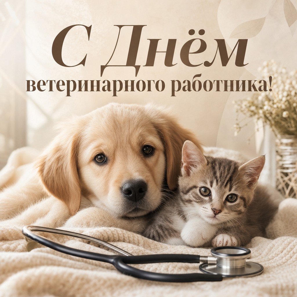 Тёплая премиальная открытка ко Дню ветеринарного работника со щенком, котёнком и стетоскопом.