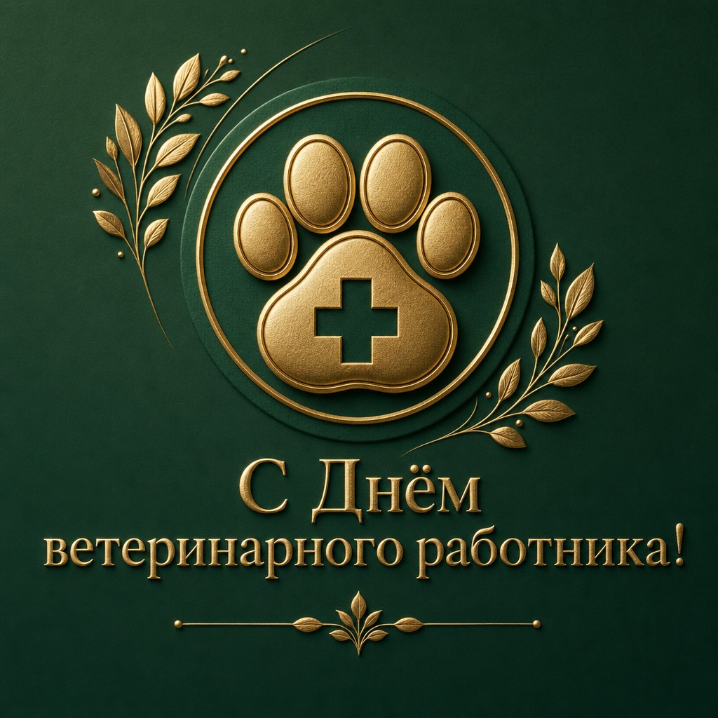 Премиальная открытка ко Дню ветеринарного работника с золотой эмблемой лапы и медицинским символом.