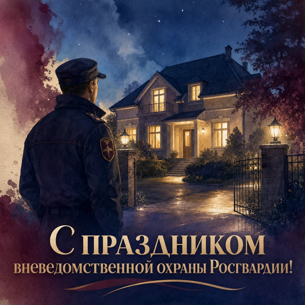 Душевная акварельная открытка к Дню вневедомственной охраны Росгвардии с домом под охраной.