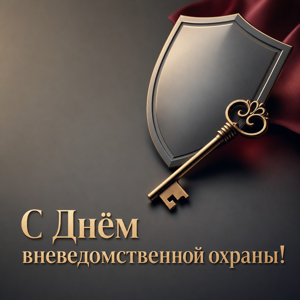 Премиальная минималистичная открытка к Дню вневедомственной охраны Росгвардии со щитом и ключом.