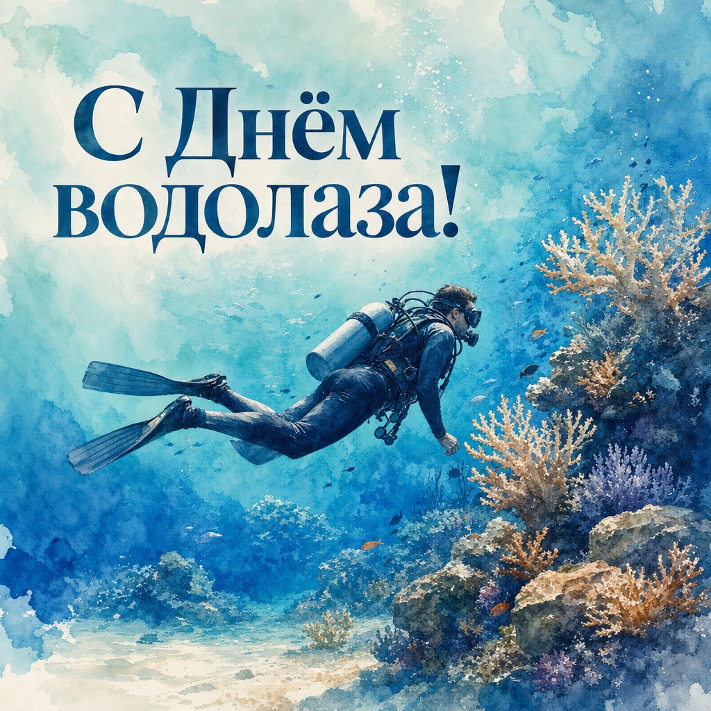 Нежная акварельная открытка на День водолаза с подводным рифом и спокойной морской атмосферой.