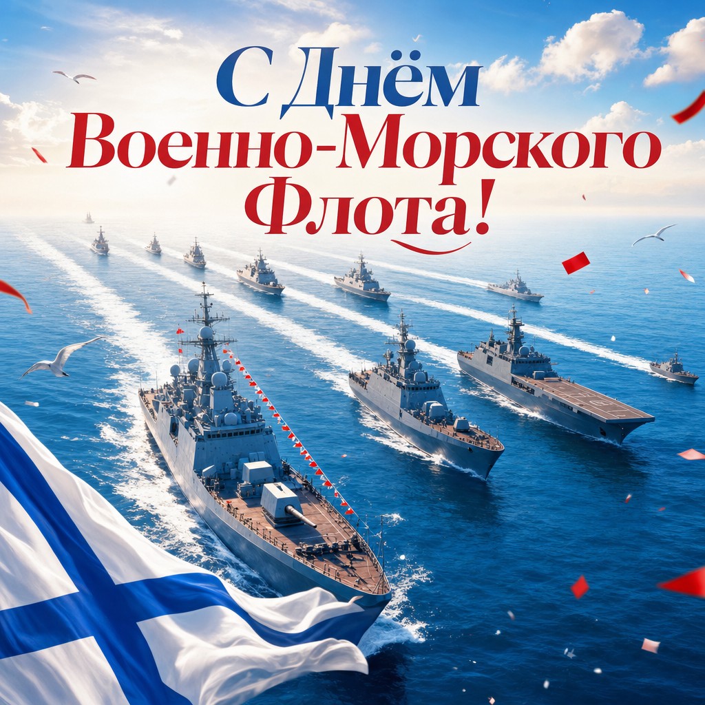 Яркая открытка на День Военно-Морского Флота с кораблями в парадном строю на синей воде.