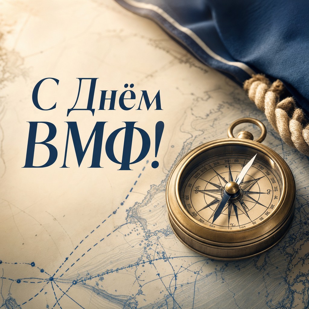 Стильная открытка на День Военно-Морского Флота с латунным компасом и морской картой.