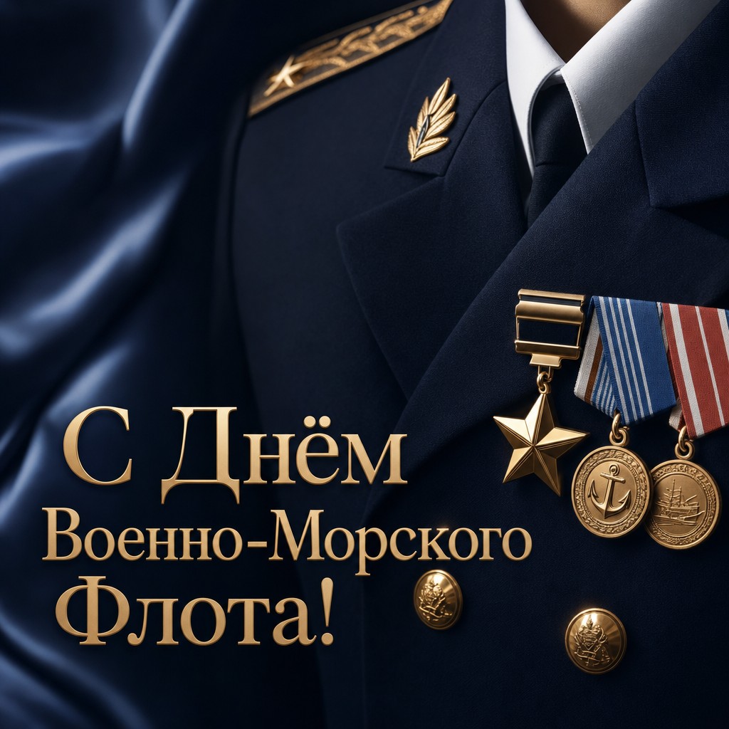 Торжественная открытка на День Военно-Морского Флота с парадным кителем и наградами.