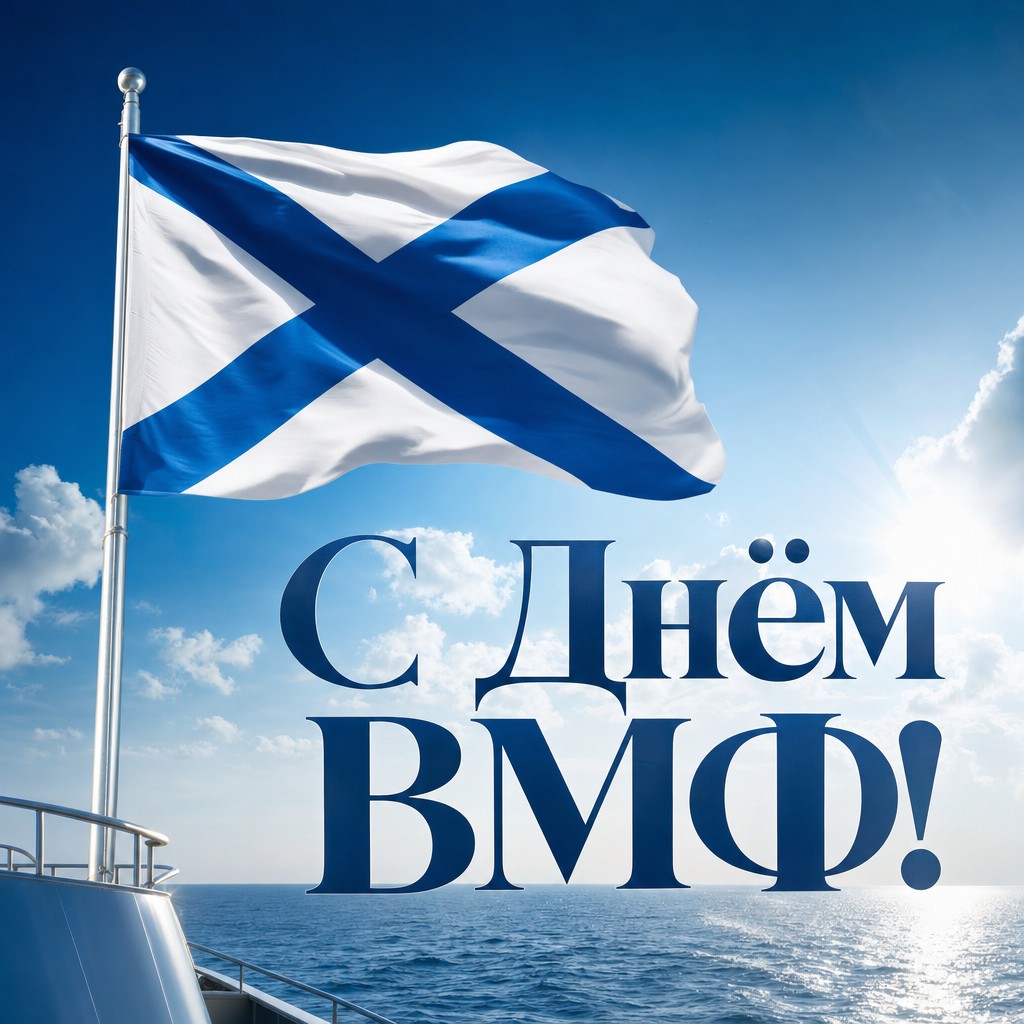 Лаконичная открытка на День Военно-Морского Флота с флагом на мачте и морским горизонтом.