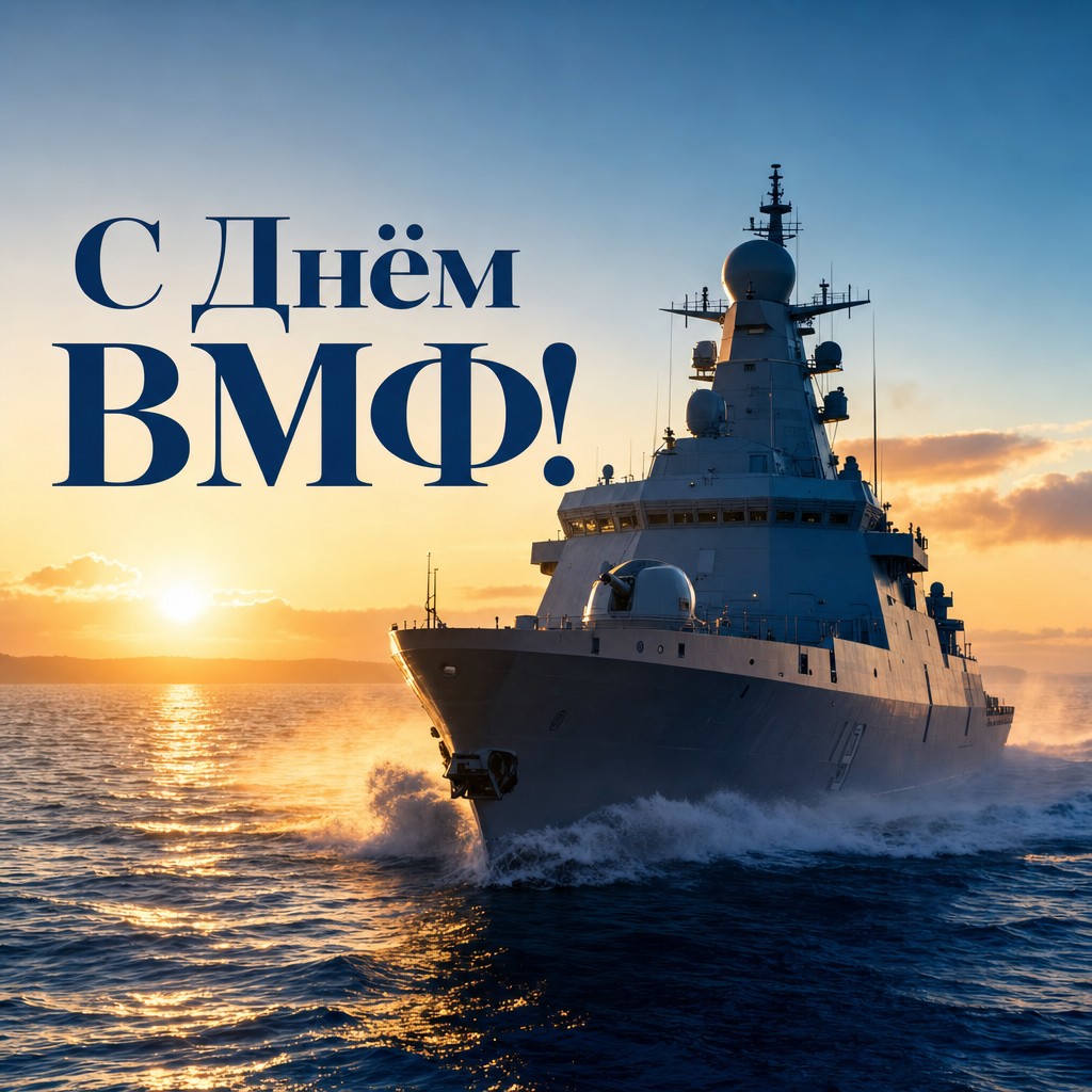 Премиальная открытка на День Военно-Морского Флота с фрегатом, морем и рассветным светом.