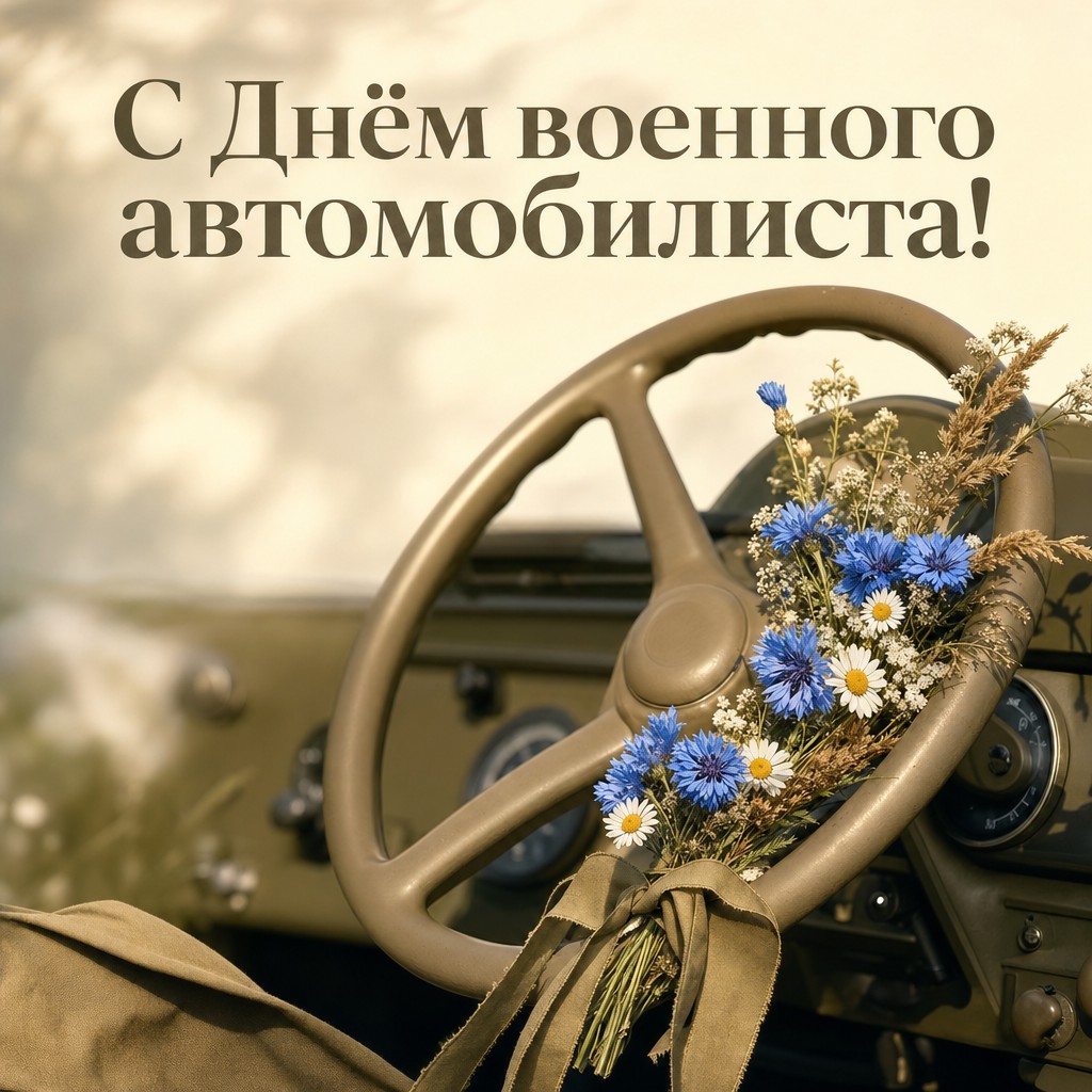 Нежная открытка на День военного автомобилиста с рулём, ромашками и васильками в элегантной композиции.