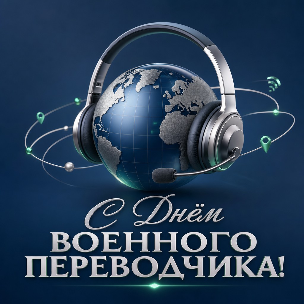 Современная открытка ко Дню военного переводчика с 3D-глобусом, наушниками и символами связи.