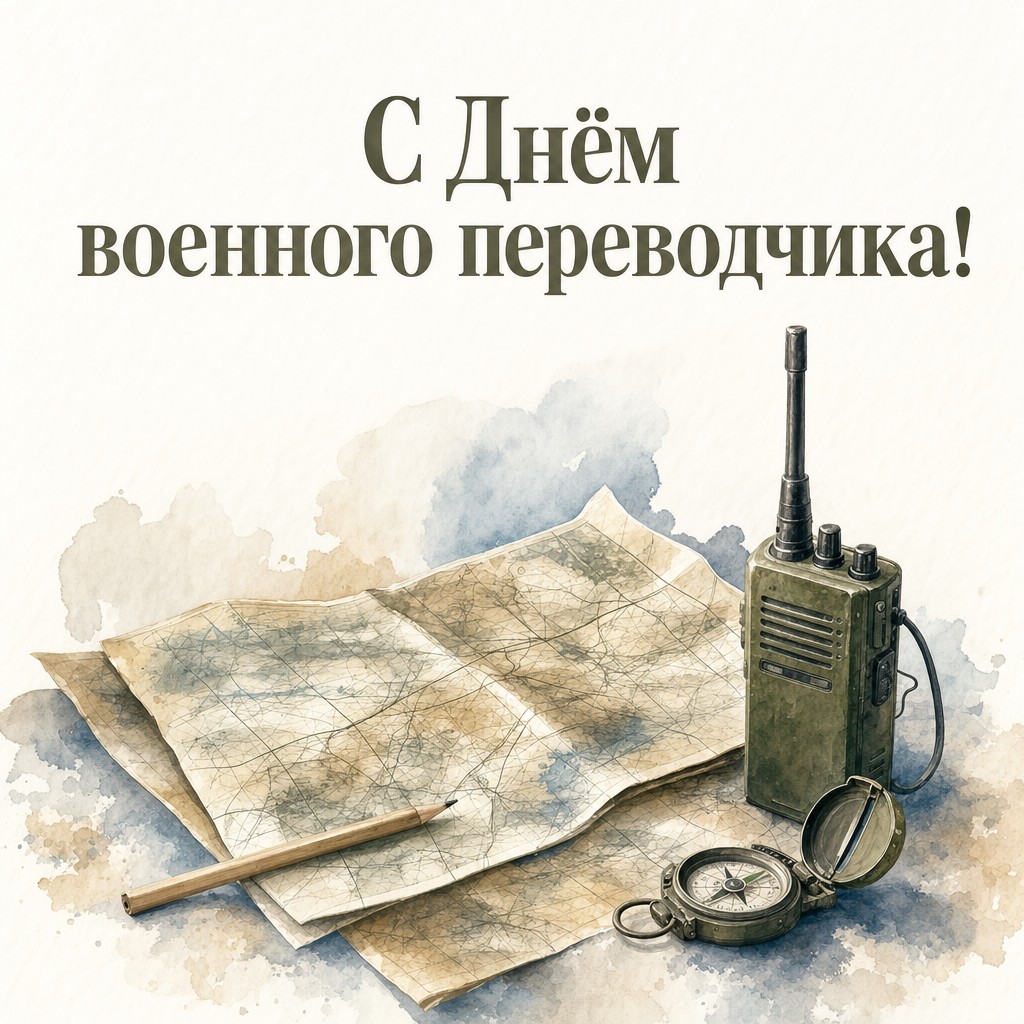 Нежная акварельная открытка ко Дню военного переводчика с картой, радиостанцией и компасом.