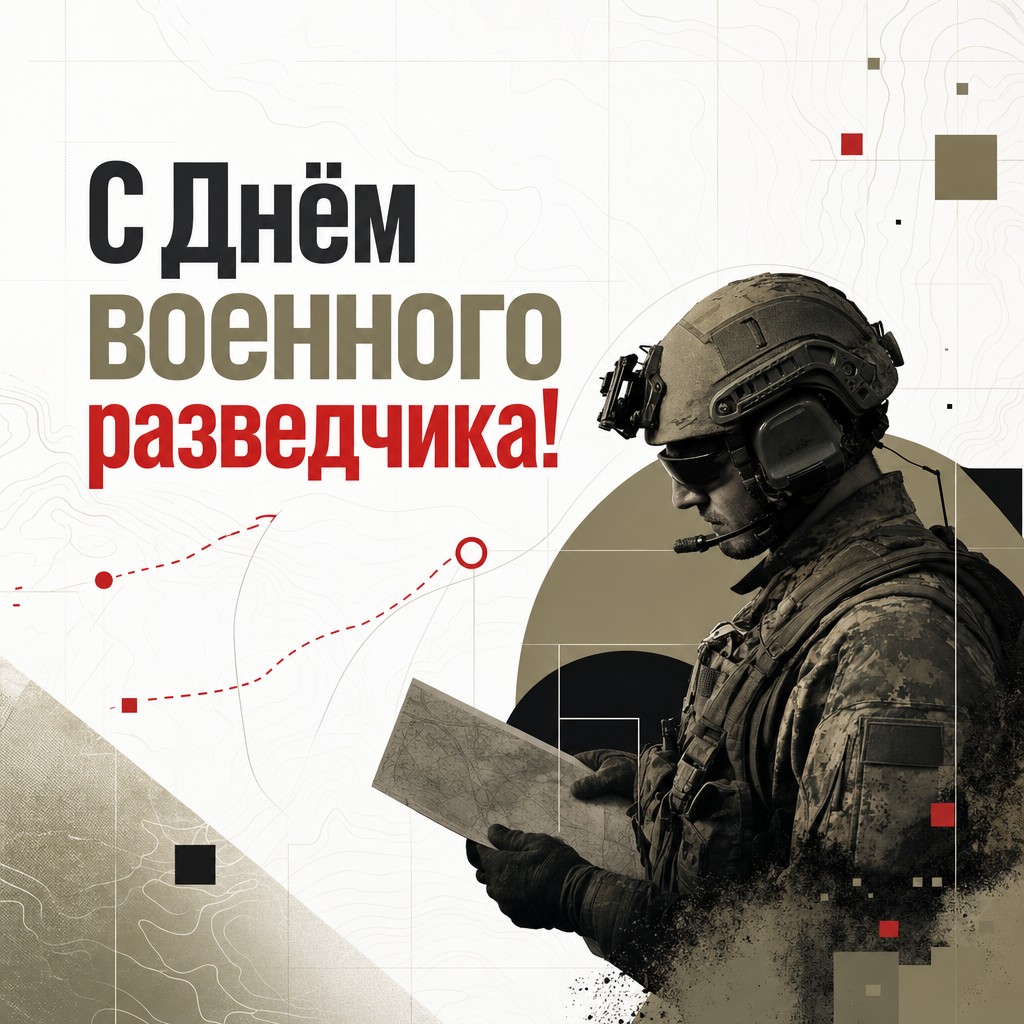 Современная открытка на День военного разведчика с координатной сеткой, маршрутом и строгой графикой.
