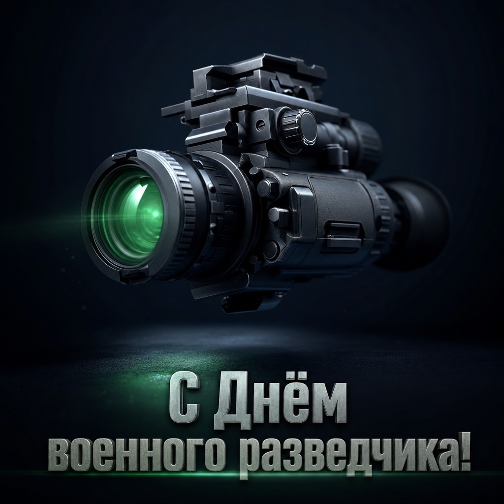 Стильная 3D-открытка на День военного разведчика с прибором ночного видения и тёмным фоном.